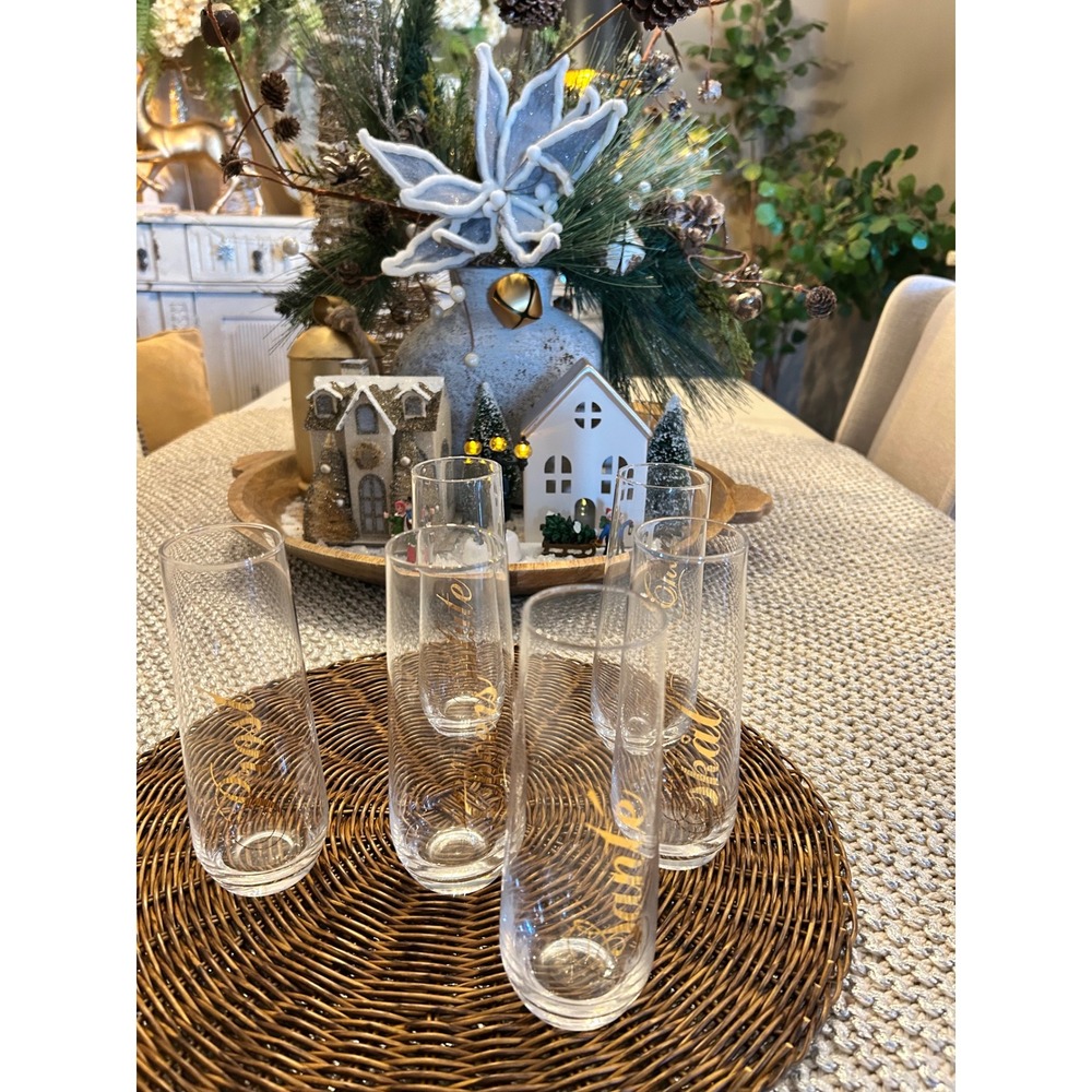 Set of 6 Stemless Champagne Flutes Gold Script International Toasts Cheers Santé